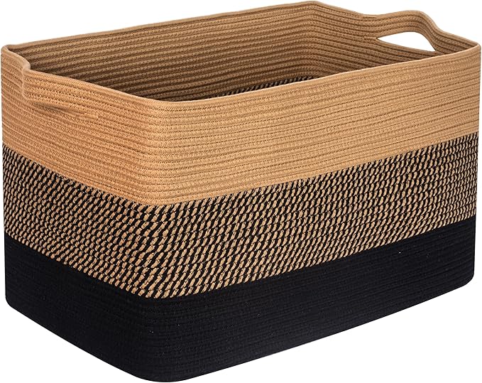MINTWOOD Design 22in Extra Large Blanket Basket Holder for Living Room, Rectangle Rope Woven Storage Bin with Handles for Laundry, Pool Towels, and Shoes, Dog Toy Box Organizer, Black Jute-VerdiqueGarden