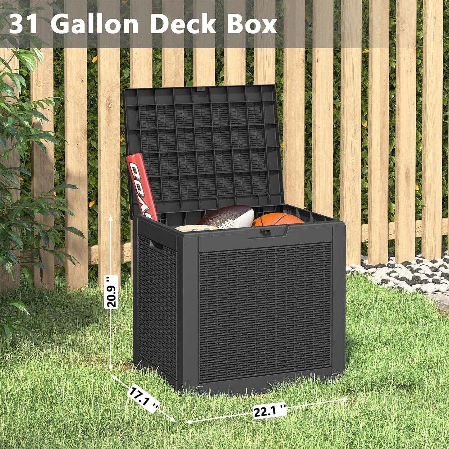 31 Gallon Deck Box, Resin Outdoor Storage Box, Waterproof and UV Resistant Deck Box, Lightweight Storage Box for Garden Tools, Pool Supplies-VerdiqueGarden