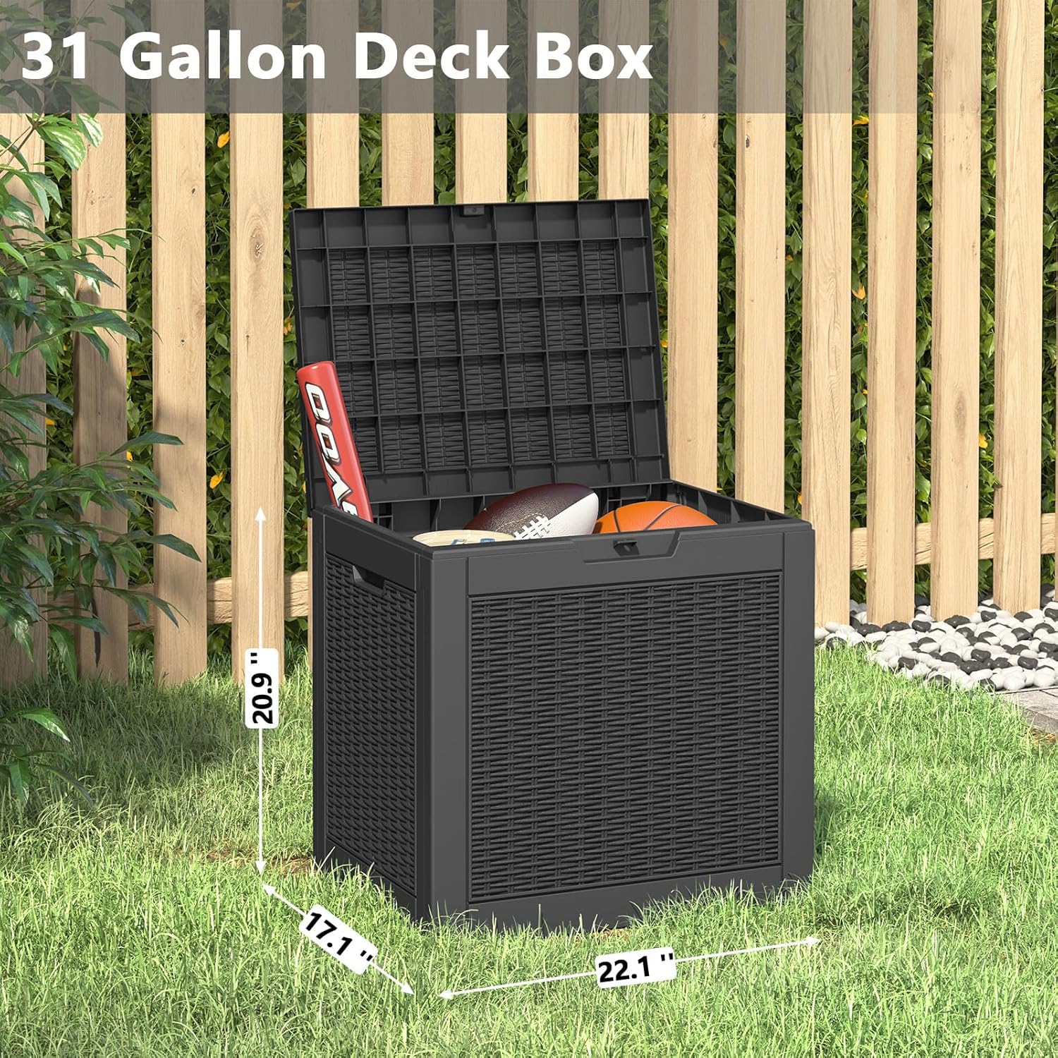 31 Gallon Deck Box, Resin Outdoor Storage Box, Waterproof and UV Resistant Deck Box, Lightweight Storage Box for Garden Tools, Pool Supplies-VerdiqueGarden