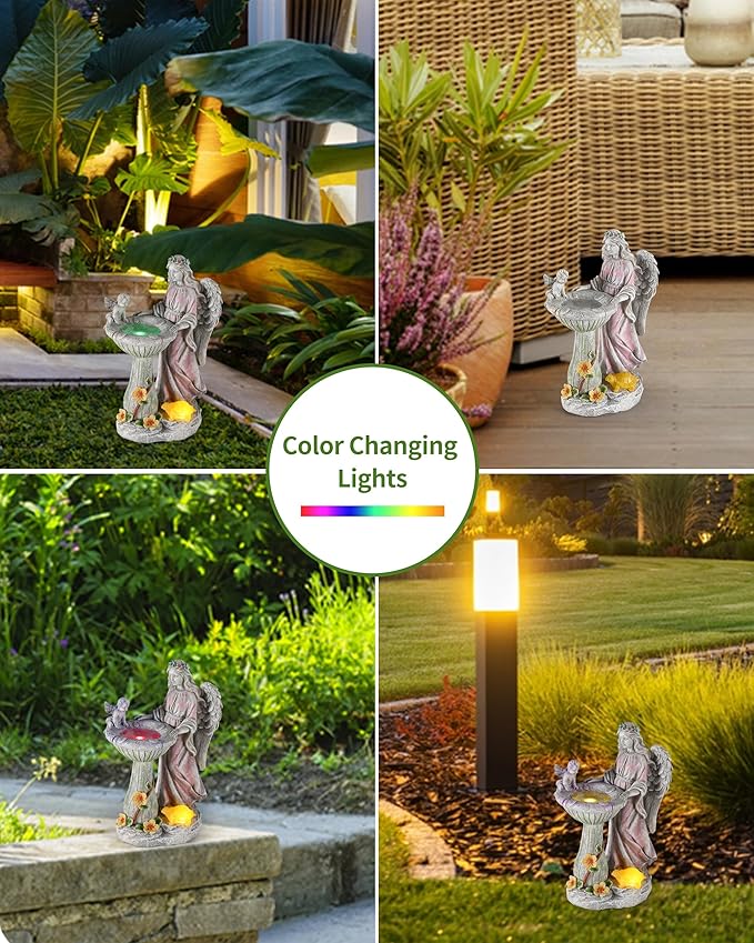 iStatue Solar Angel with Mushroom Bird Bath Statue - 9.5'' Garden Decor for Outside Clearance, Color-Changing Lights Lawn Ornaments Baby Turtle Figurine for Yard Patio Balcony (Angel)-VerdiqueGarden
