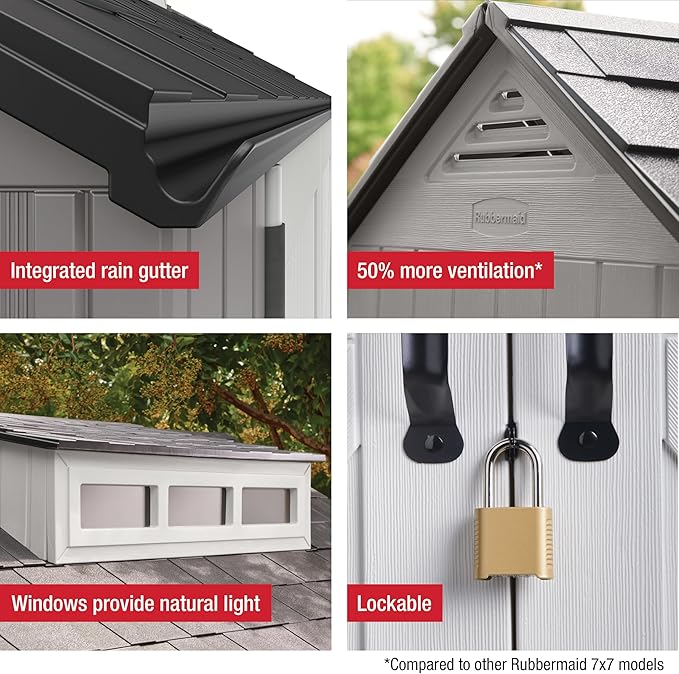Rubbermaid Resin Outdoor Storage Shed With Floor (7 x 7 Ft) Weather Resistant Gray Organization for Home/Backyard/Garden Tools/Lawn Mower/Bike Storage/Pool Supplies-VerdiqueGarden