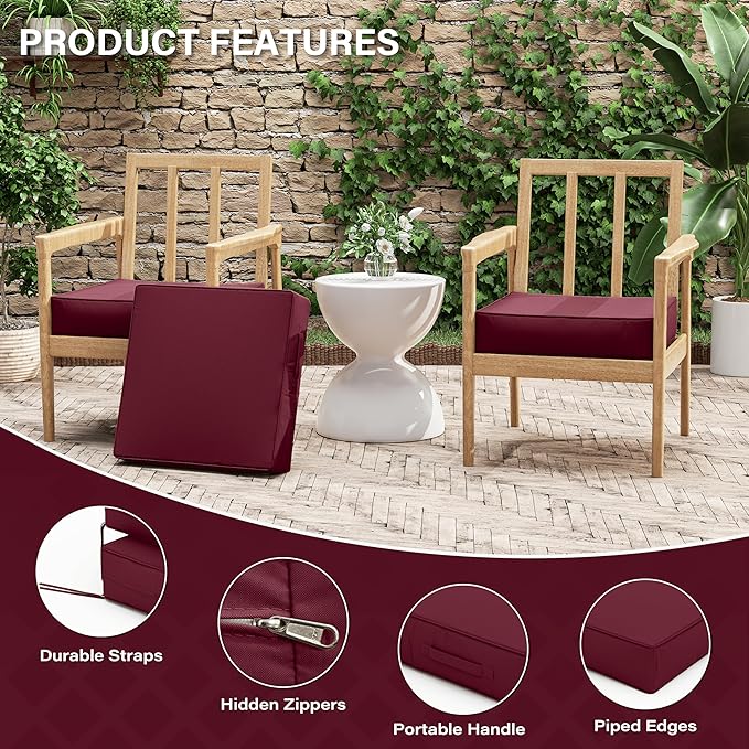 Patio Chair Cushions 19 X 19 X 4 Inch Waterproof Outdoor Seat Cushions for Patio Furniture, Outdoor Sofa Couch Pads with Ties & Handle, Set of 2, Burgundy-VerdiqueGarden