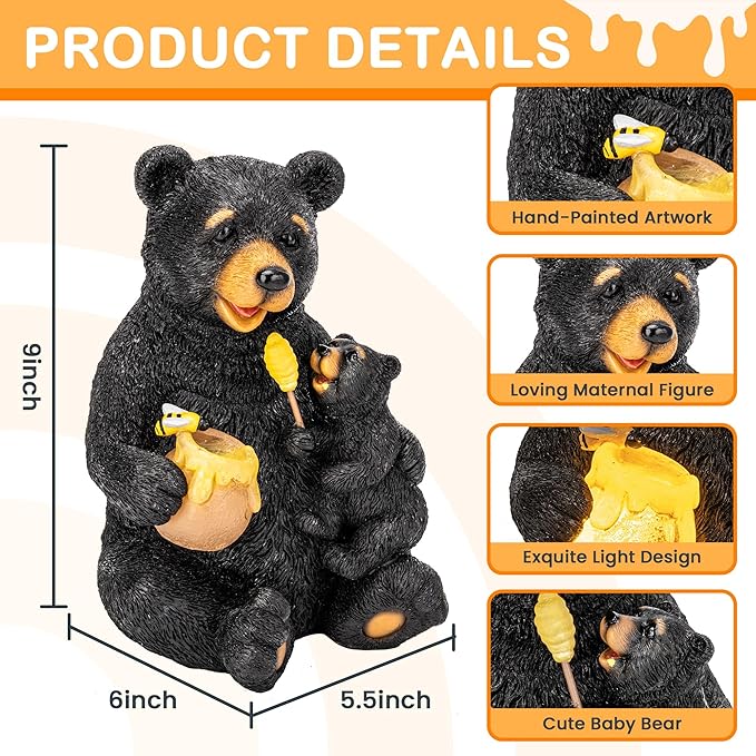 GIGALUMI Solar Garden Statues Loving Bear Figurine Lights for Outside, Yard Decorations Outdoor, Garden Decor Unique Birthday Housewarming Gifts for Mom, Women, Black-VerdiqueGarden