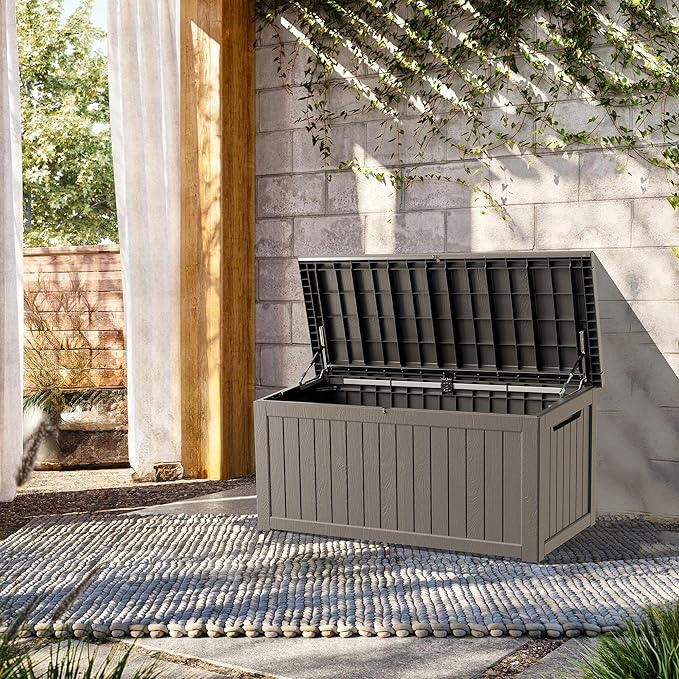 200 Gallon Lockable Resin Deck Box, Waterproof & UV-Resistant Outdoor Storage Box for Outdoor Cushion Storage, Garden Tools & Pool Accessories Storage, Gray-VerdiqueGarden