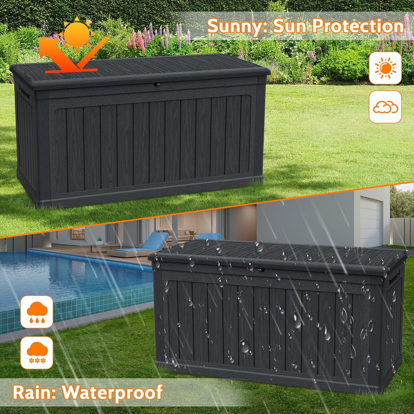 230 Gallon Double-Wall Resin Deck Box - Lockable Waterproof Outdoor Storage Box, 1000lbs Capacity & Doubles as Seating for Patio Furniture - Garden Tools, Pool Accessories (Black)-VerdiqueGarden