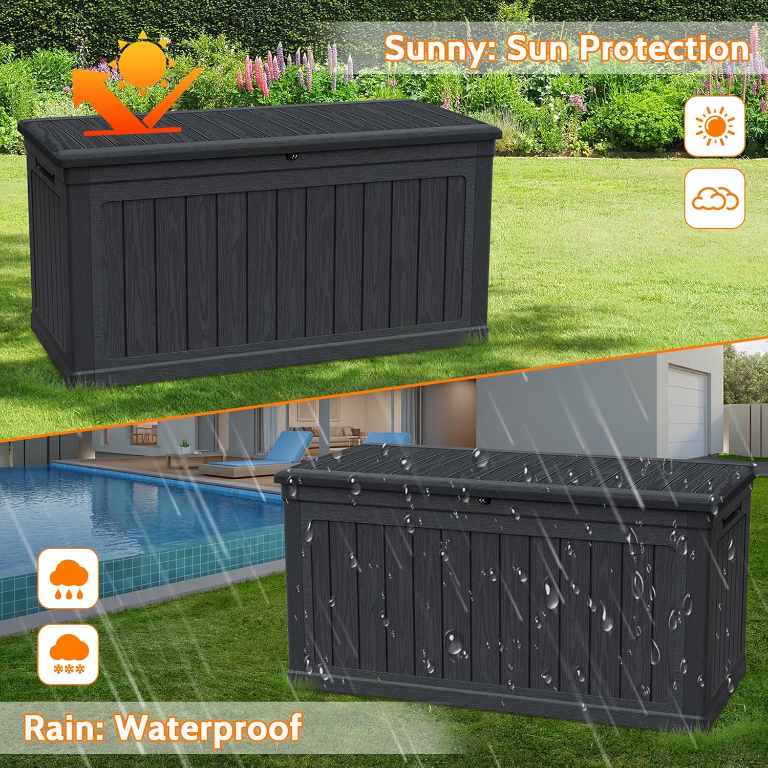 230 Gallon Double-Wall Resin Deck Box - Lockable Waterproof Outdoor Storage Box, 1000lbs Capacity & Doubles as Seating for Patio Furniture - Garden Tools, Pool Accessories (Black)-VerdiqueGarden
