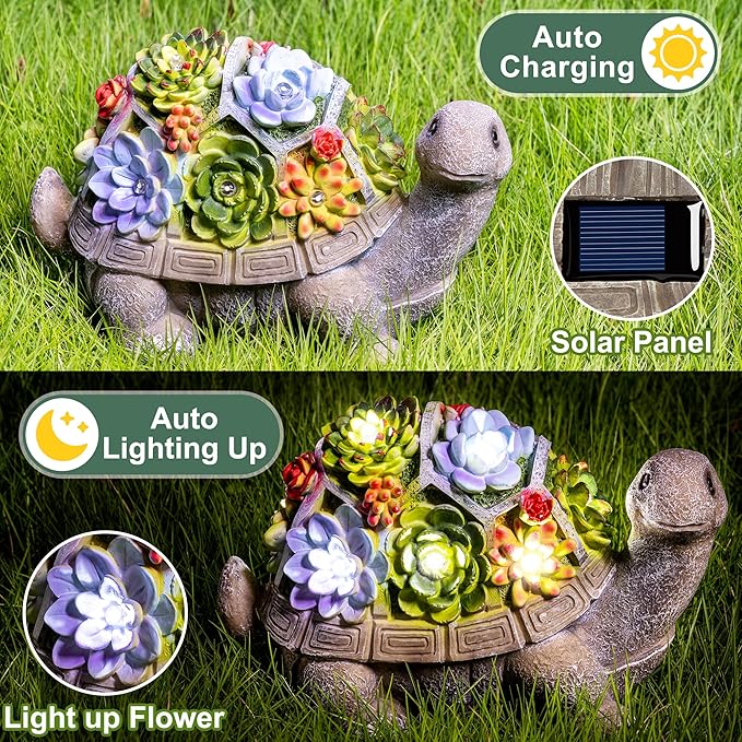 GIGALUMI 11.5 Inch Solar Garden Statues Turtle Figurine Lights for Outside Garden Decor, Yard Decorations Outdoor Housewarming Gifts for Mom, Women for Mothers Day-VerdiqueGarden