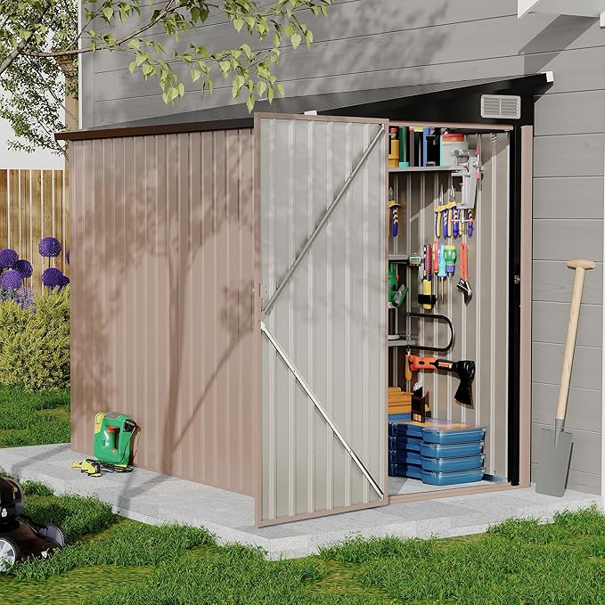4x8 FT Metal Outdoor Lean to Storage Shed, Lean to Garden Shed Utility Tool Shed, Heavy-Duty Outdoor Metal Wall Side Storage Sheds-VerdiqueGarden