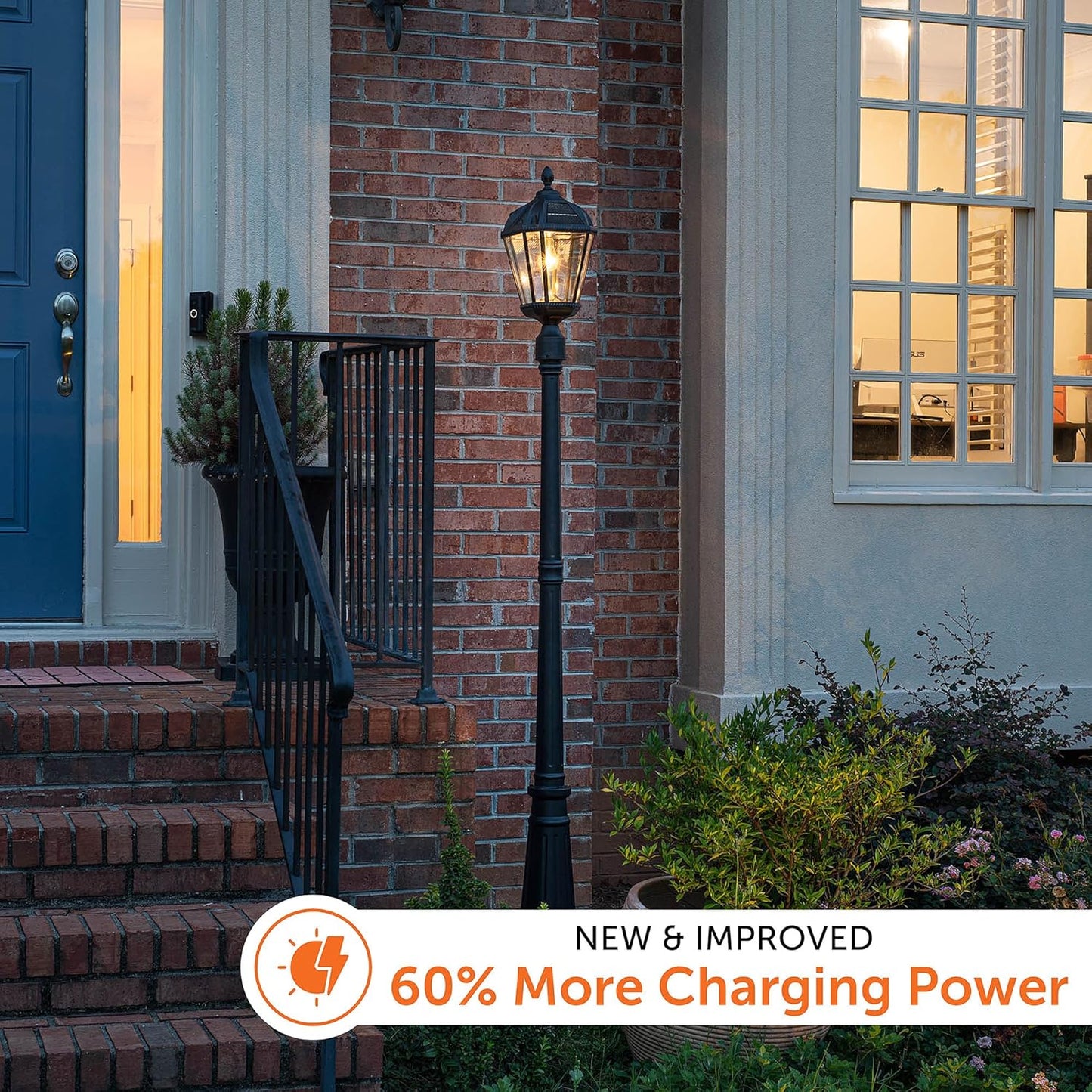 Gama Sonic Solar Outdoor Lamp Post Light, Black Cast Aluminum and Beveled Glass Panels, 10-Year Royal Bulb, Warm White LED with Omni-Direction Reflector, 87-inch Height, 98B001 (Upgraded Panel)-VerdiqueGarden