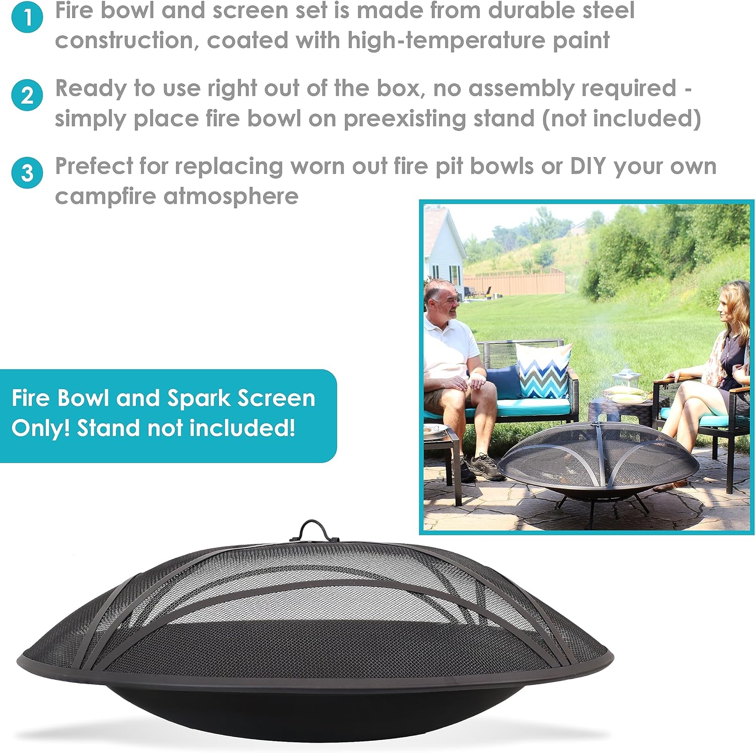 Sunnydaze 39-Inch Replacement Steel Fire Pit Bowl with Round Spark Screen - High-Temperature Painted Finish-VerdiqueGarden