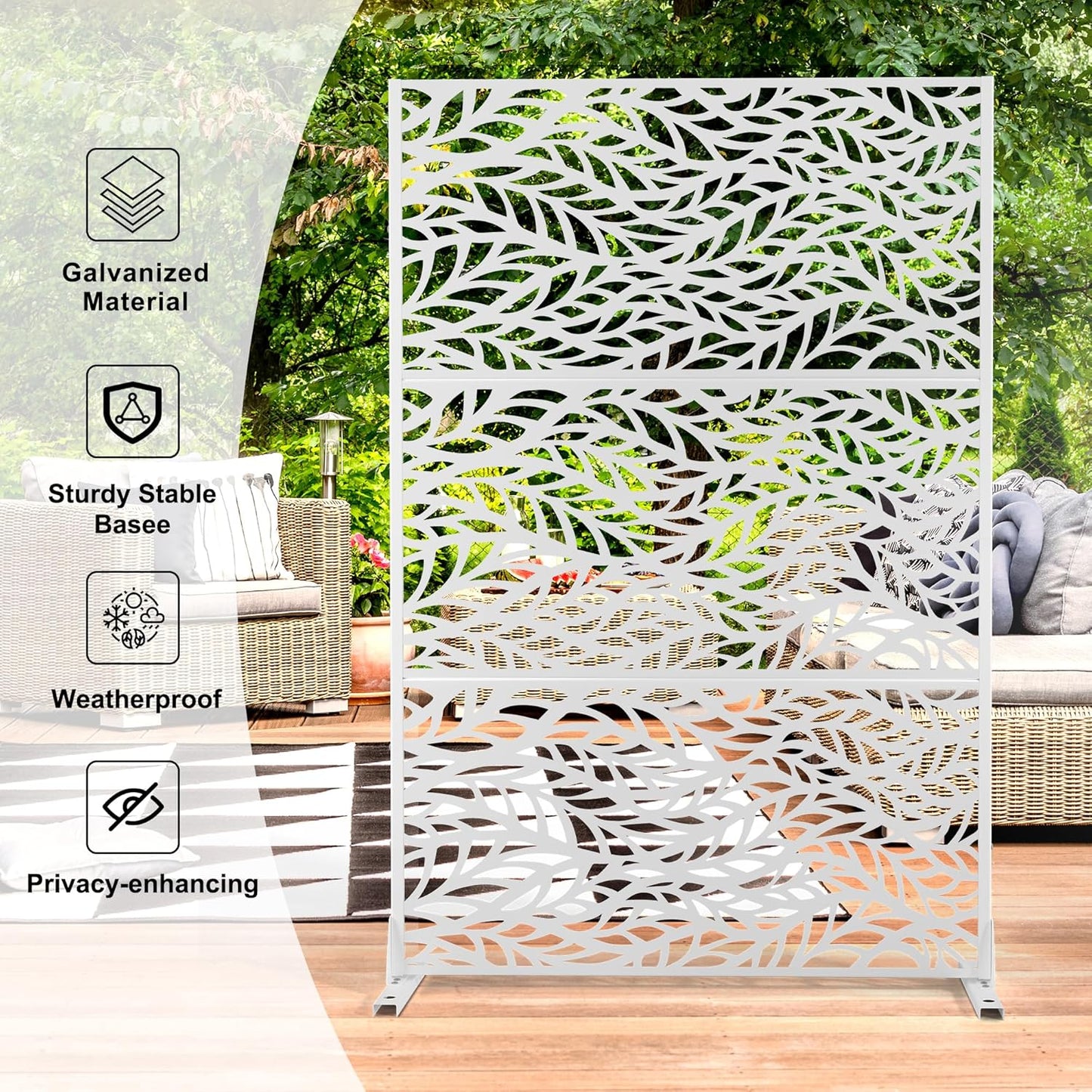 Metal Privacy Screen,72" H47 W,Freestanding Decorative Privacy Screen for Balcony Patio Lawn Garden,Privacy Fence Privacy Panel-White & Leaf-VerdiqueGarden