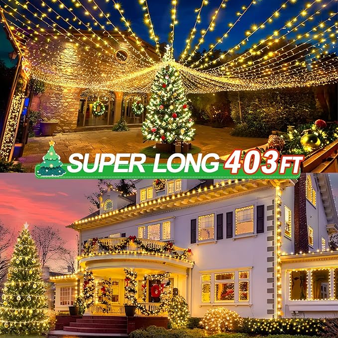 KNONEW 403ft 1000 LED Christmas String Lights Outdoor 8 Modes & Timer Fairy Light Plug in Waterproof LED Wedding Lights for Xmas Yard Tree Party Holiday Decorations (Warm White)-VerdiqueGarden