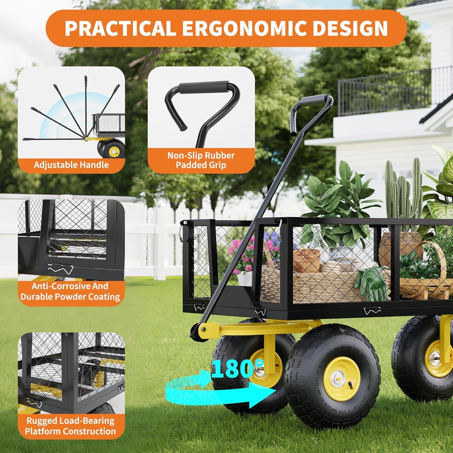 500 Lbs Garden Wagon, 2-in-1 Heavy-Duty Steel Garden Cart, with 10 Inch All-Terrain Tires and Removable Mesh Side Panels, 180° Rotating Handle, Metal Utility Yard Trailer, Outdoor Gardens Wagon Cart-VerdiqueGarden