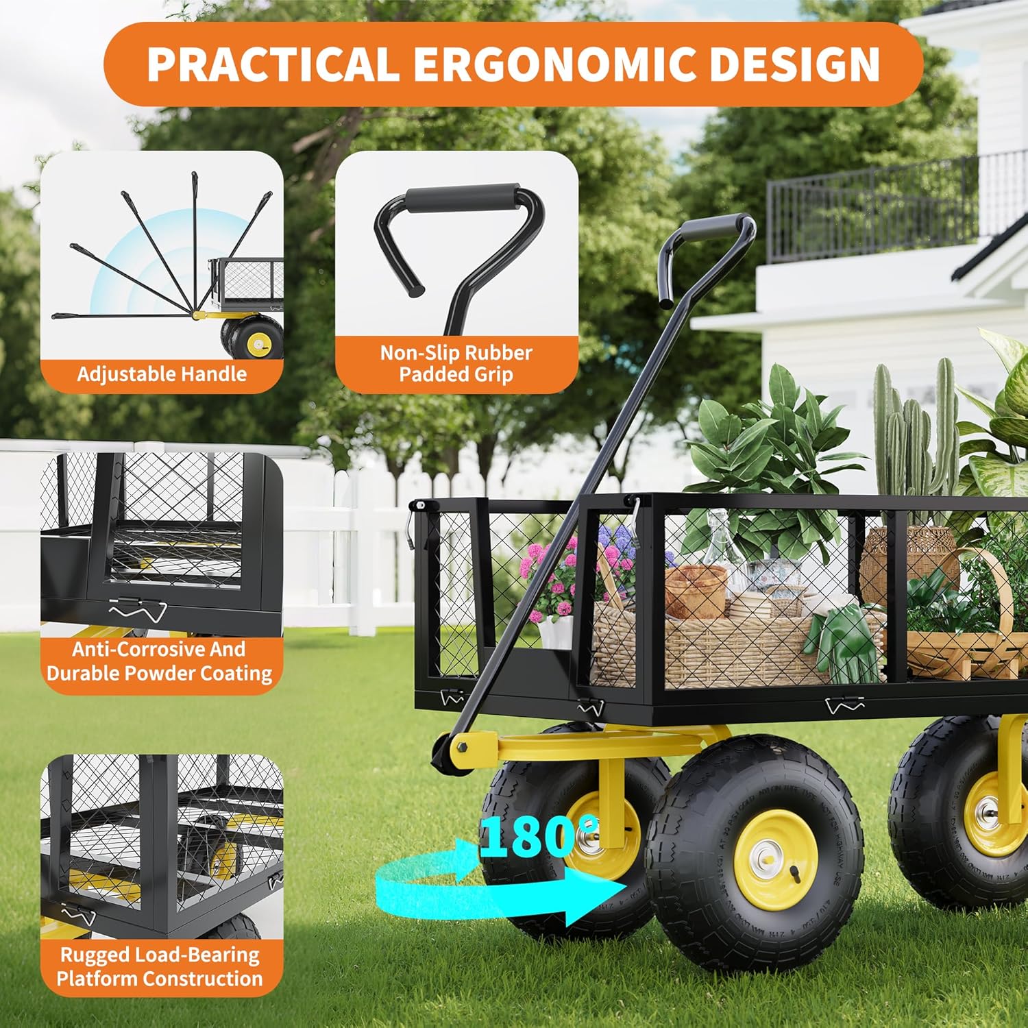 500 Lbs Garden Wagon, 2-in-1 Heavy-Duty Steel Garden Cart, with 10 Inch All-Terrain Tires and Removable Mesh Side Panels, 180° Rotating Handle, Metal Utility Yard Trailer, Outdoor Gardens Wagon Cart-VerdiqueGarden