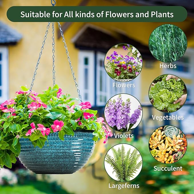 12 inch Hanging Planters for Indoor Outdoor Plants, 2 Pack Large Hanging Flower Pots with Drainage Holes and Chain, Glazed Hanging Baskets for Home Garden Decoration, Blue-VerdiqueGarden