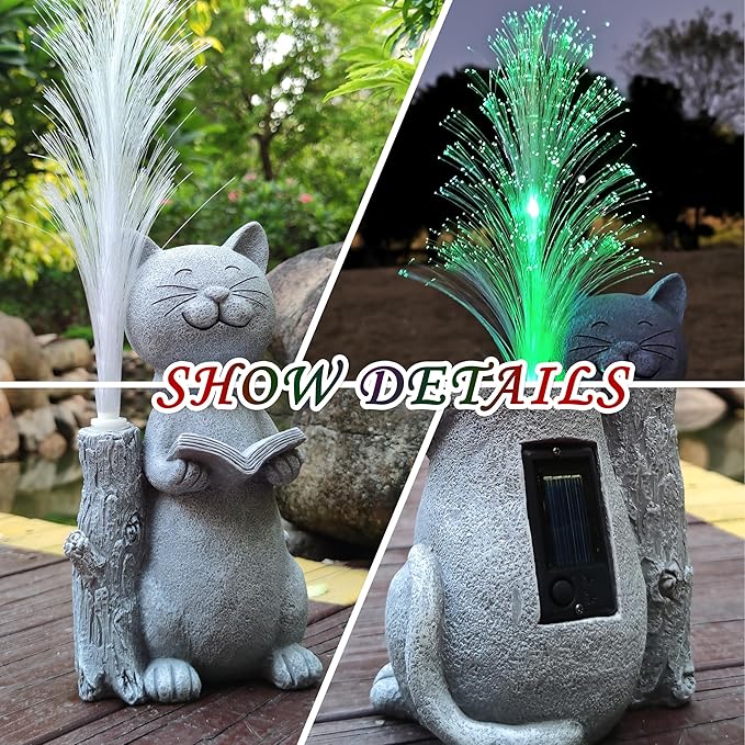 Cat Solar Garden Statues,Resin Cat Figurine Reading a Book and 7-Color Changing Optical Fiber with Solar Lights, Lawn Decor Outdoor Statue for Patio,Balcony,Yard,Lawn Ornament-VerdiqueGarden
