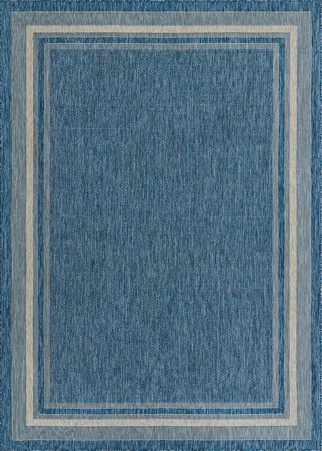 Unique Loom Outdoor Border Collection Area Rug - Soft Border (8' x 11' 4" Rectangle, Blue/ Ivory)-VerdiqueGarden