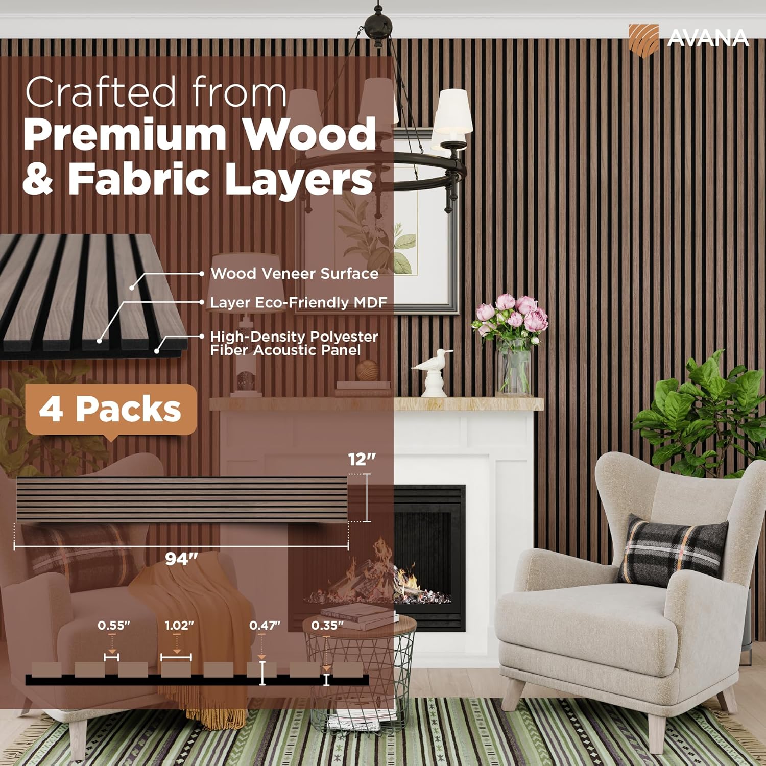 Avana Acoustic Wood Wall Panels – 94.4 X 12.6 Inch Walnut Acoustic Panels 4 PCs – Wall Panels For Interior Wall Decor For Homes, Offices, Studios – Sturdy And Durable Wood Panels For Wall-VerdiqueGarden