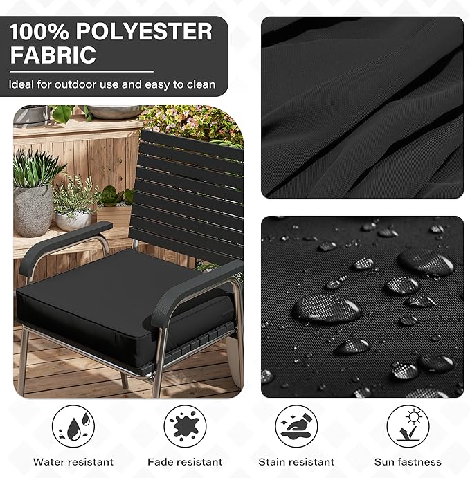 Patio Chair Cushions 22 X 22 X 4 Inch Waterproof Outdoor Seat Cushions for Patio Furniture, Outdoor Sofa Couch Pads with Ties & Handle, Set of 2, Black-VerdiqueGarden