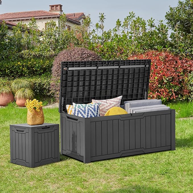 YITAHOME 120 Gallon Outdoor Storage Deck Box, Large Resin Patio Storage for Outdoor Pillows, Garden Tools and Pool Supplies, Waterproof, Lockable, (Dark Grey)-VerdiqueGarden