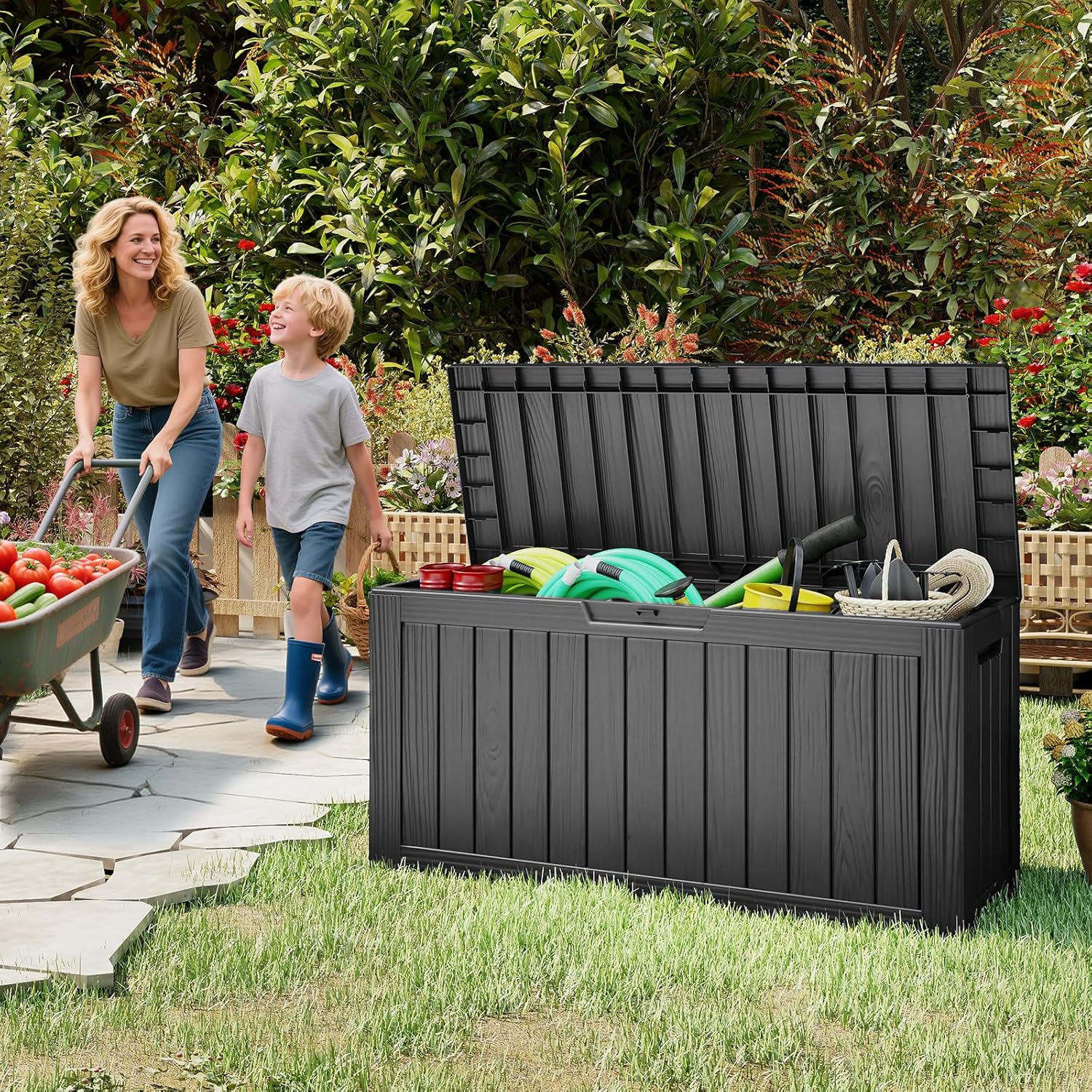 Outdoor Storage Box, 72 Gallon Waterproof Resin Deck Box, Storage Bin for Package Delivery, Patio Furniture Cushion, Garden Tools, Pool Accessories, Weatherproof and UV Resistant, Black-VerdiqueGarden