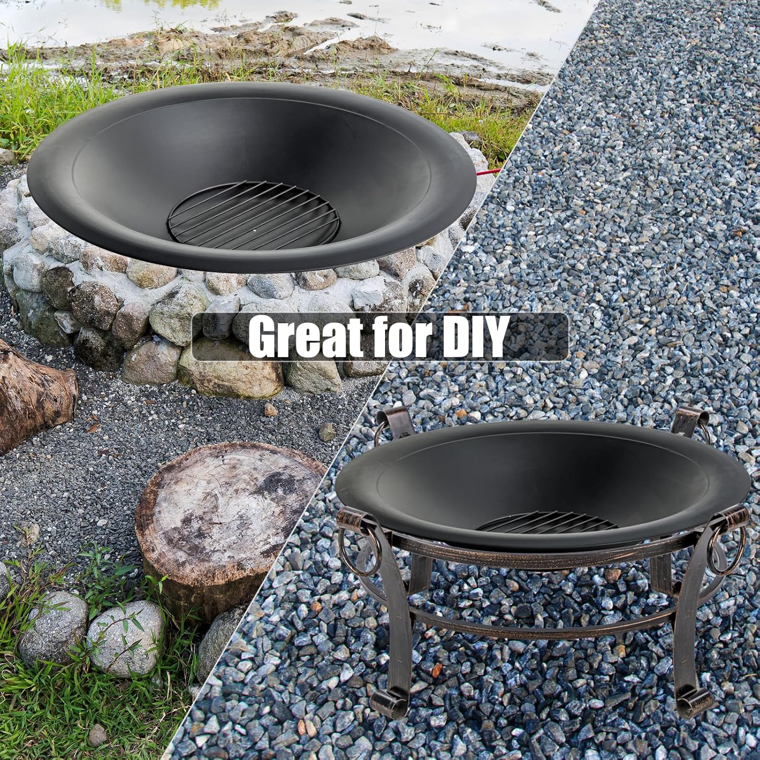 35 inch Steel Fire Pit Bowl for DIY or Replacement Existing Fire Pits, Wood Burning Fire Pit Bowl with Spark Screen &Fire Poker, Fireplace for Backyard, Porch, Deck, Camping, BBQ(Smooth)-VerdiqueGarden