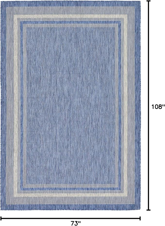 Unique Loom Outdoor Border Collection Area Rug - Soft Border (6' 1" x 9' Rectangle, Blue/ Ivory)-VerdiqueGarden