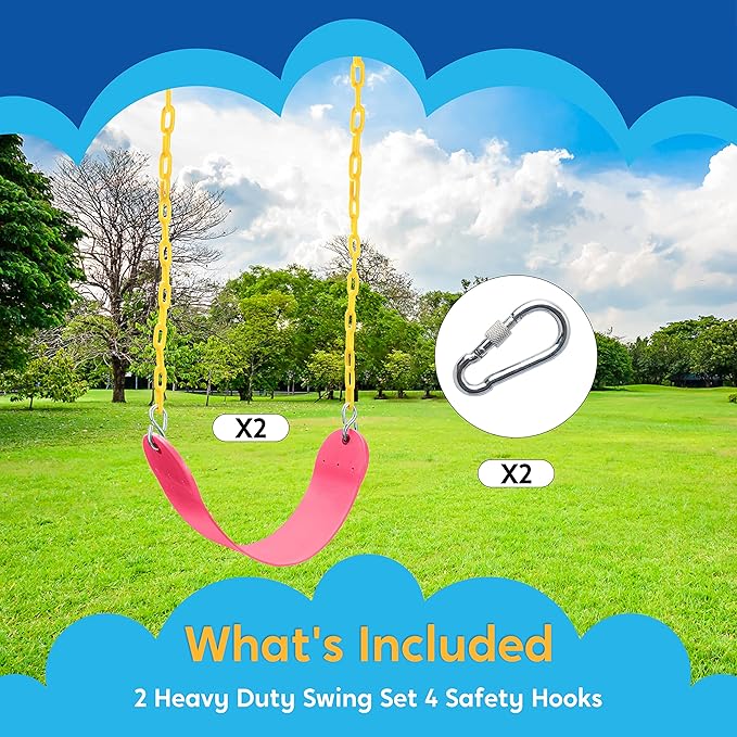 TURFEE 2 Packs Heavy Duty Swing Seat, Swing Set Accessories Replacement with 4 Snap Hooks for Kids Outdoor Play Playground, Trees, Swingsets, Playground(Pink)-VerdiqueGarden
