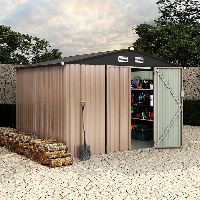 8x10 FT Metal Storage Sheds Outdoor with Floor, Metal Yard Sheds Garden Shed Kit, MetalTool Shed with Lockable Door, Metals UtilitySheds Buildings with Air Vent for Backyard Garden Patio Lawn-VerdiqueGarden