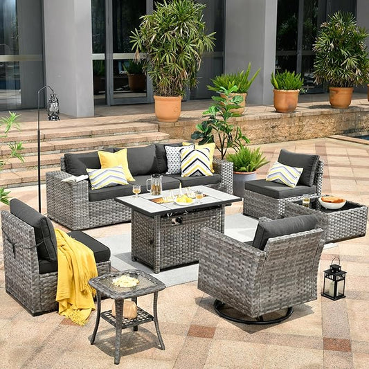 HOOOWOOO 9 Piece Modular Patio Outdoor Sectional Furniture Set with Large Propane Fire Pit Table,Wicker Conversation Sofa Set with Swivel Chairs,Outside Couch Set(Black)