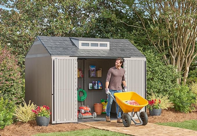 Rubbermaid Extra Large Resin Outdoor Storage Shed With Floor (7 x 10.5 Ft.) Weather Resistant Brown Organization for Home/Lawn Mower/Backyard Equipment/Bike Storage/Pool Supplies-VerdiqueGarden