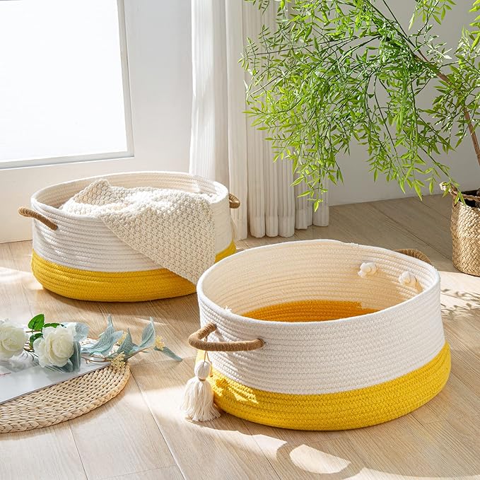 KAKAMAY Woven Baskets for Storage(16"x8"),Blanket Basket for Organizing Living Room,Cotton Rope Basket Woven Baby Laundry Hamper,Collapsible Laundry Room Organization,Clothes,Toy Chest(Yellow)-VerdiqueGarden