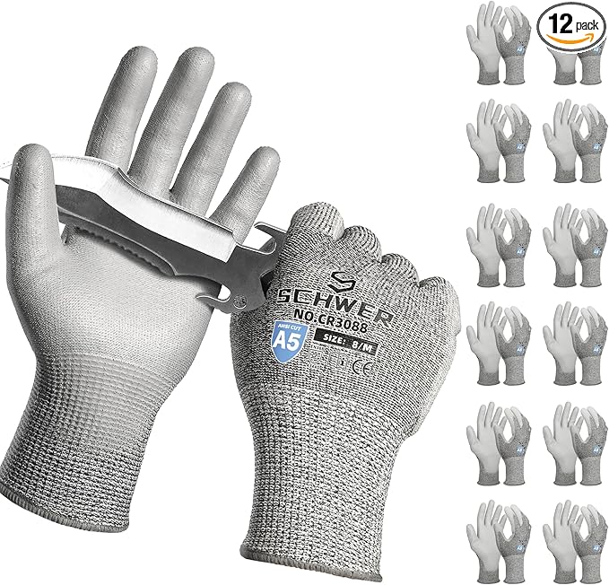 Schwer 12 Pairs ANSI A5 Cut Resistant Work Gloves, Cut Proof Gloves with PU Coating, Used for Metal Fabrication, WoodWorking, Construction, Non Slip, Durable, M, CR3088-VerdiqueGarden