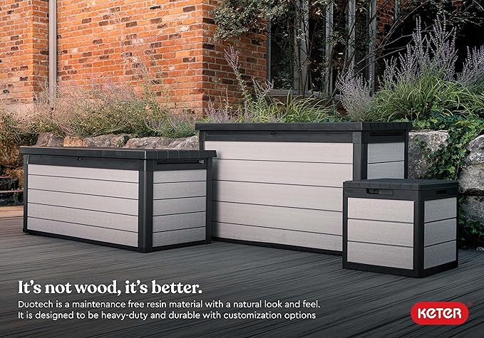 Keter Denali 30 Gallon Resin Outdoor Storage Box and Patio Furniture Side Table for Pool and Garden Accessories, Grey & Black-VerdiqueGarden