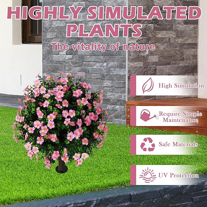 Sunnyglade Set of 2 Artificial Boxwood Topiary Ball Trees with Pink Flower, Faux Shrub Bushes with Ground Spike 25.5", UV Resistant Fake Boxwood Plants for Indoor, Garden, Porch, Patio Decor (Pink)-VerdiqueGarden