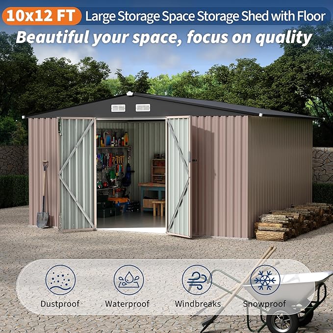 10x12 FT Metal Storage Sheds Outdoor with Floor, Metal Yard Sheds Garden Shed Kit, MetalTool Shed with Lockable Door, Metals UtilitySheds Buildings with Air Vent for Backyard Garden Patio Lawn-VerdiqueGarden