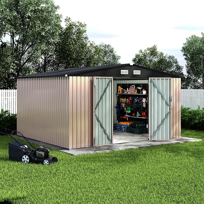 10x12 FT Metal Storage Sheds Outdoor, Metal Yard Sheds Garden Shed Kit, Tool Shed with Lockable Door, Utility Sheds Buildings with Air Vent for Backyard Garden Patio Lawn-VerdiqueGarden