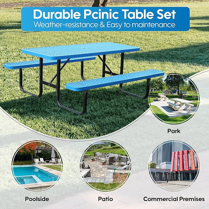 6FT Metal Picnic Tables for Outdoors, Commercial Rectangular Picnic Table and Bench Set for Outside, Patio, Garden, Backyard, Porch, Surface Mount, Blue-VerdiqueGarden