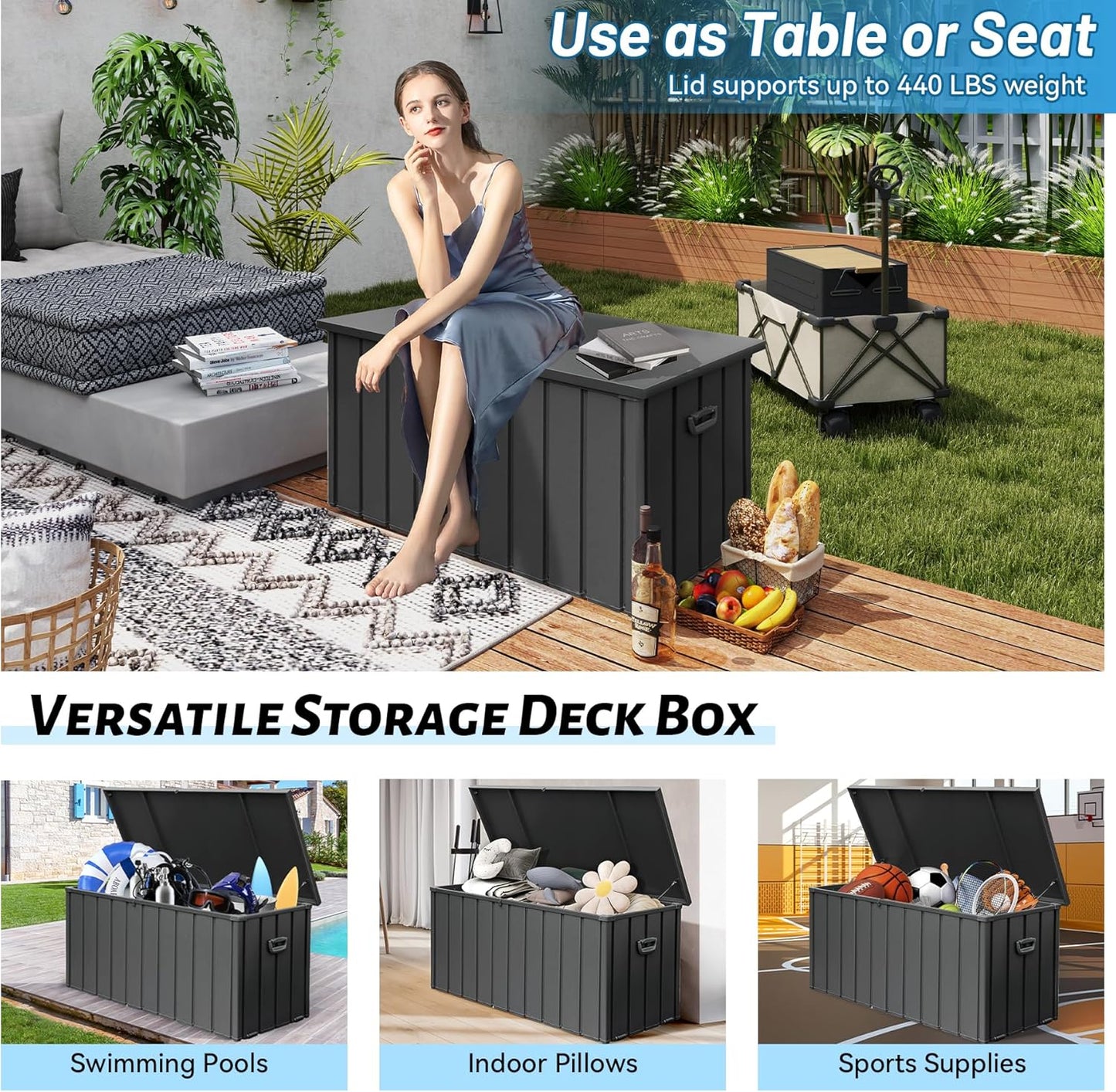 100 Gallon Metal Outdoor Storage Box, Waterproof Steel Deck Box, Large Patio Furniture Storage Cabinet, Lockable Storage Bench for Porch Package Delivery, Cushions, Pool, Tools- Dark Grey-VerdiqueGarden