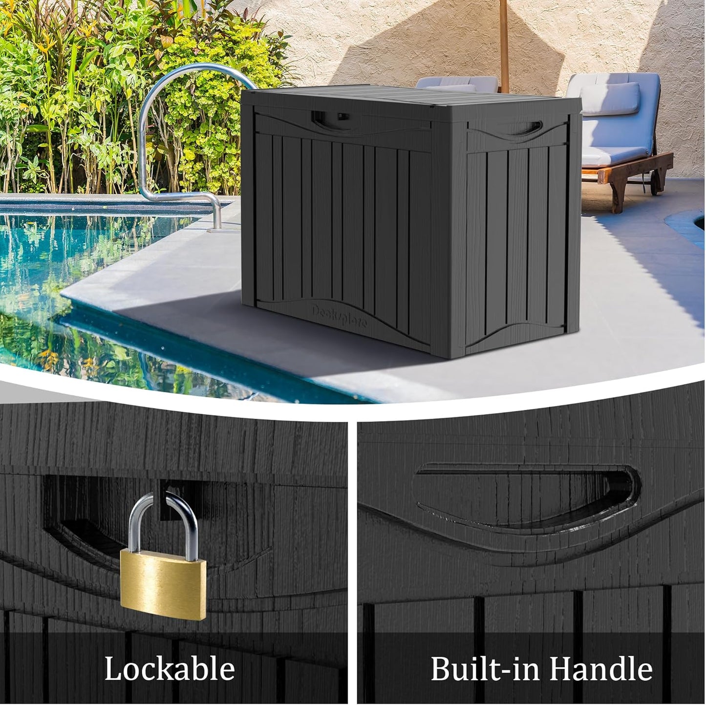 45 Gallon Double-Wall Resin Deck Box - Lockable Waterproof Outdoor Storage Box, 515lbs Capacity & Doubles as Seating for Patio Furniture - Garden Tools, Pool Accessories (Black)-VerdiqueGarden