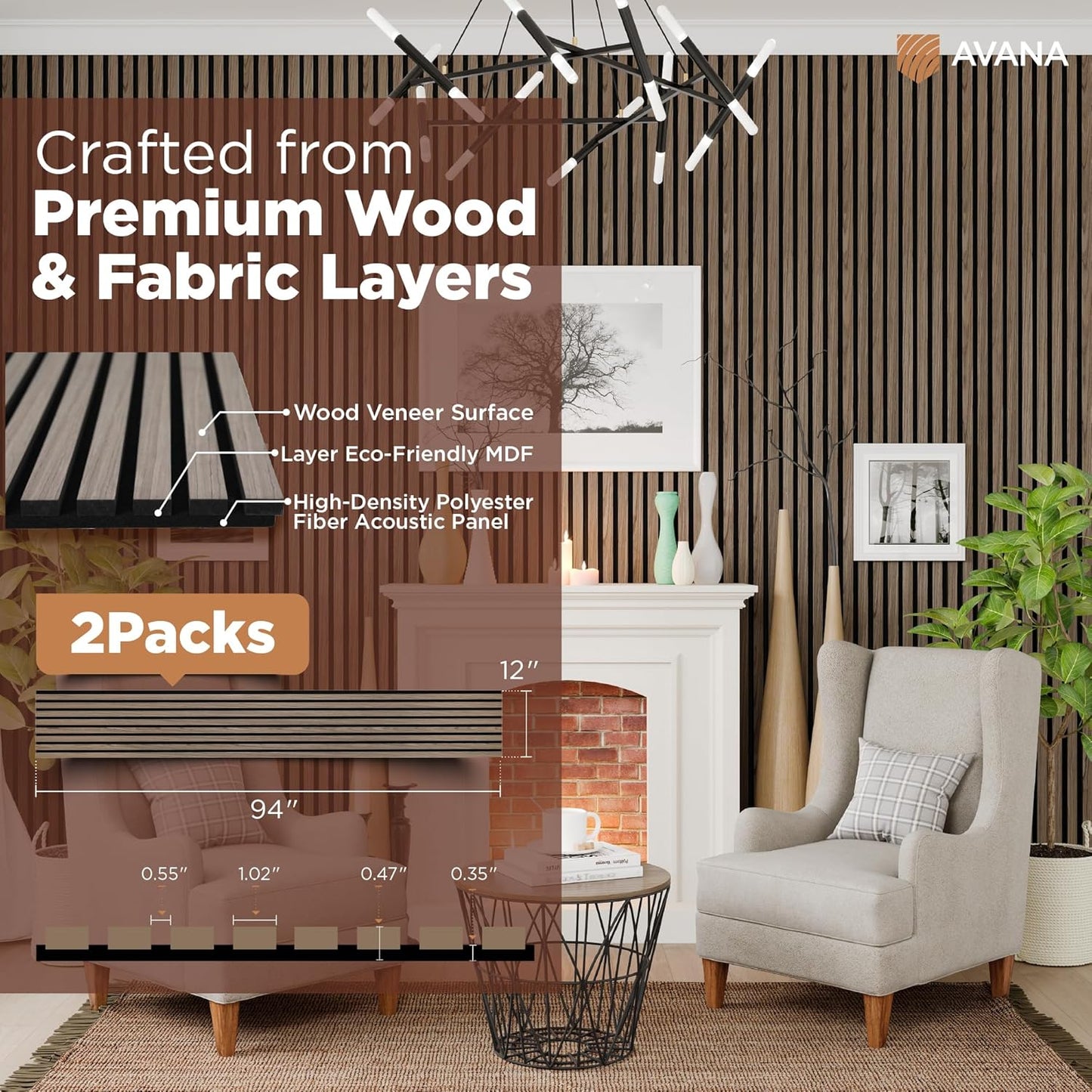 Avana Acoustic Wood Wall Panels – 94.4 x 12.6 Inch Natural Walnut Acoustic Panels 2 PCs – Wall Panels For Interior Wall Decor For Homes, Offices, Studios – Pleasing Decorative Wood Panels For Wall-VerdiqueGarden