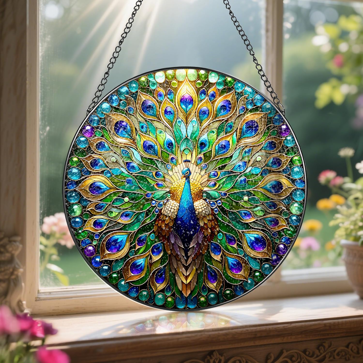 Stained Glass Window Hanging, LAOWEIKI 8'' Peacock Suncatcher, Stained Glass Ornament, Suncatchers for Windows Hanging, Window Decor, Outdoor or Indoor, Gifts for Women, Lovers, Couple, Friend, Bestie-VerdiqueGarden