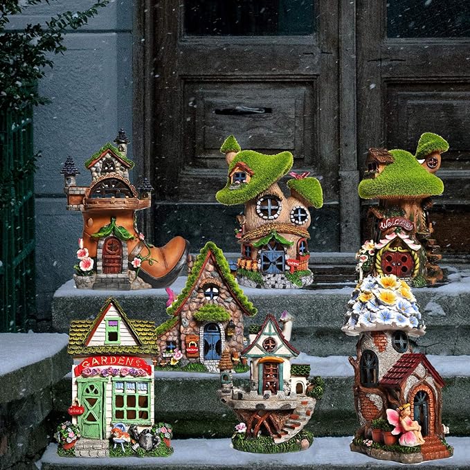 ASAWASA Resin Fairy House Statues with Solar Powered Lights, Funny Garden Sculptures with Flocked and Cobblestone Decor, Exquisite Garden Cottage Figurines-VerdiqueGarden