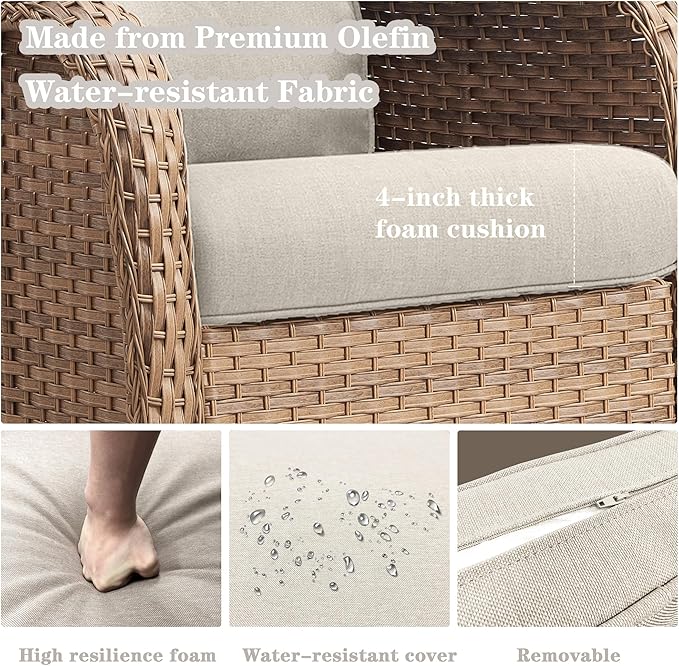 Wicker Outdoor Furniture Patio Furniture Set - 6 Piece Patio Conversation Set with Swivel Rocker Chairs, Loveseat Sofa, Ottomans and Coffee Table, Beige Cushion-VerdiqueGarden