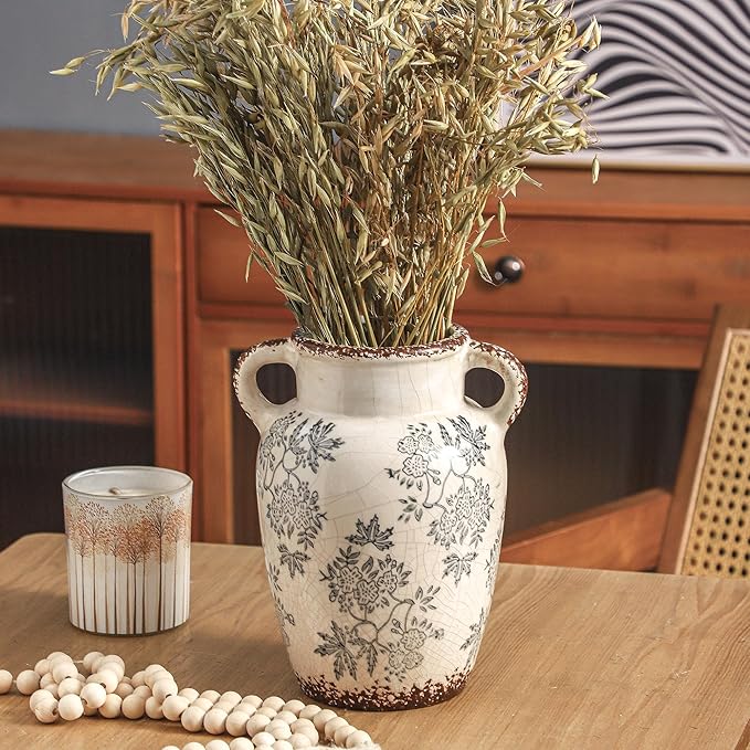 Enra Vintage vase with Handle,9.4 inch Blue and White Ceramic Decorative Flower vase, Chinoiserie Floral Vase,Large Rustic Vases for Home Decors, Living Room, Bookshelf, Office-VerdiqueGarden