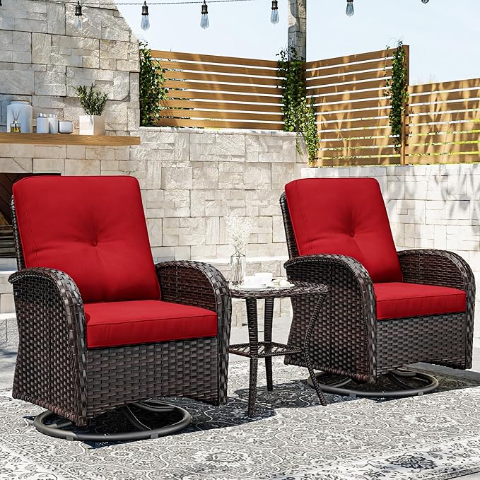 Joyside Outdoor Swivel Rocker Chairs, 3 Piece Wicker Patio Set with Thick Cushion and Side Table, Rattan Patio Swivel Rocking Chairs for Porch, Deck Use (Brown/Red, 3 PCS)-VerdiqueGarden