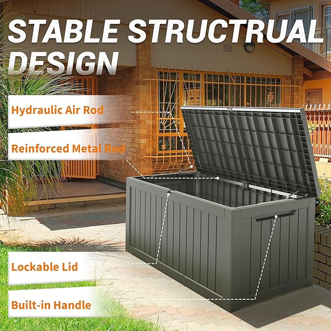 NUNU LAB 230 Gallon Large Resin Deck Box, Waterproof Outdoor Storage Box, Lockable Storage Bin for Patio Furniture, Garden Tools, Pool Accessories, UV-Resistant & All-Weather, Grey-VerdiqueGarden