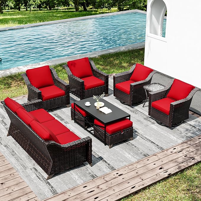 Joyside Wicker Patio Furniture Sets, 9 Pieces Upgraded Large Size Outdoor Furniture with Swivel Rocking Patio Chairs, Patio Dining Chair, 3-Seat Sofa, Outdoor Ottoman, Coffee Table, Thick Cushions-VerdiqueGarden