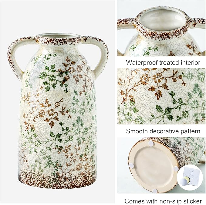 Enra Large Vintage Green and Beige Ceramic Chinoiserie Floral Vase, 11.2 Inch Rustic Decorative Flower Vase for Home, Living Room, Kitchen, or Office – Pastoral Retro Design-VerdiqueGarden