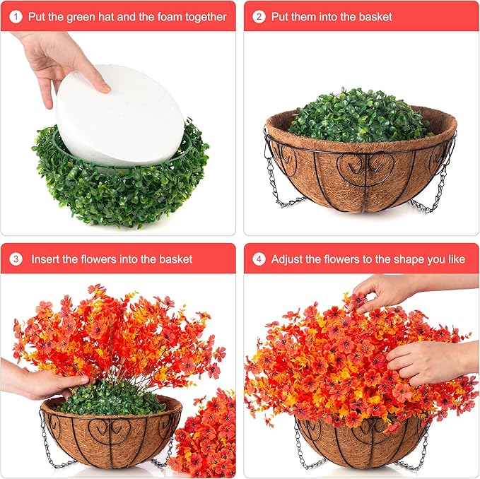 Artificial Fake Fall Autumn Hanging Mums Flowers Plants Basket for Outdoor Outside Decor, Faux Silk Orange Dasiy Flower Look Real UV Resistant for Porch Home Patio Garden Decoration-VerdiqueGarden